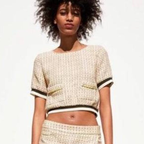 Zara yellow cropped tweed & varsity stripe top - Picture 2 of 3